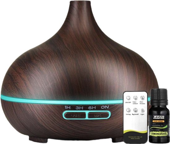 Aroma Diffuser 550ML met Lemongrass Olie en Afstandsbediening - Luchtbevochtiger – Aromatherapie - Geurverspreider - Donkerbruin van Zedar review